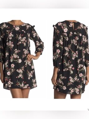 BCBGeneration Dress 8 Black Pink Lily Floral Ruffle Shoulder Shift NWT